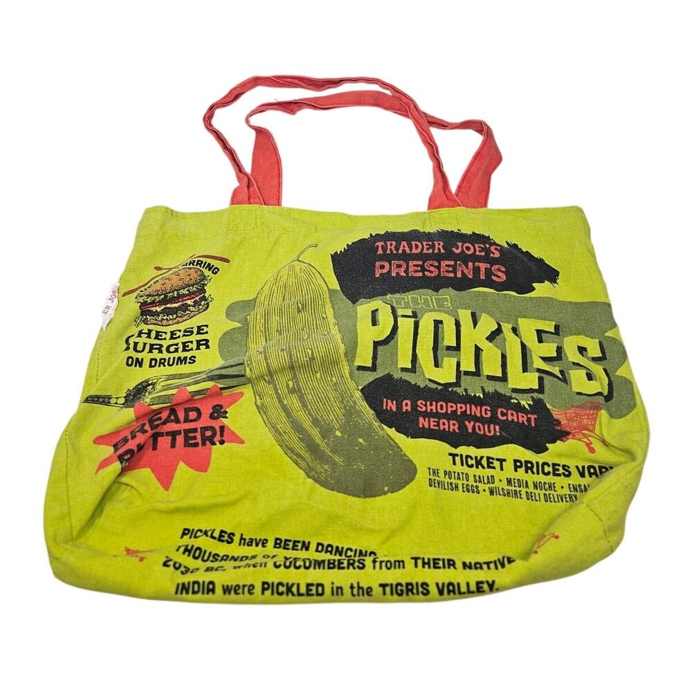 Trader Joes Pickles Reusable Canvas Tote Bag Kitsch Green Travel Grocery Whimsy